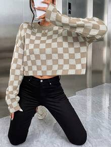 SHEIN Unity Mô hình bàn cờ Thả vai Áo len - Nhiều màu - Xem 5