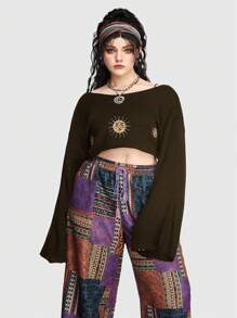 ROMWE Hippie Plus Size Short Knit Sweater With Sun Printed, Flare Sleeve - Brown - View 1