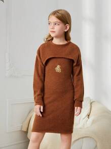 SHEIN Tween Girl Bear Embroidery Cami Sweater Dress & Super Crop Top