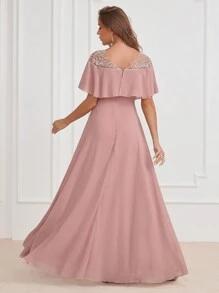 Embroidery Detail Ruffle Trim Chiffon Formal Dress, Bridesmaid Dress - Dusty Pink - View 2