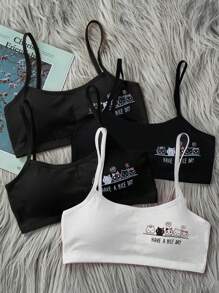 Teen Girl 4pcs Cartoon & Slogan Graphic Cami Bralette - Multicolor - View 1