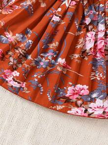 SHEIN 女小童印花荷葉袖百褶下擺繫腰帶洋裝