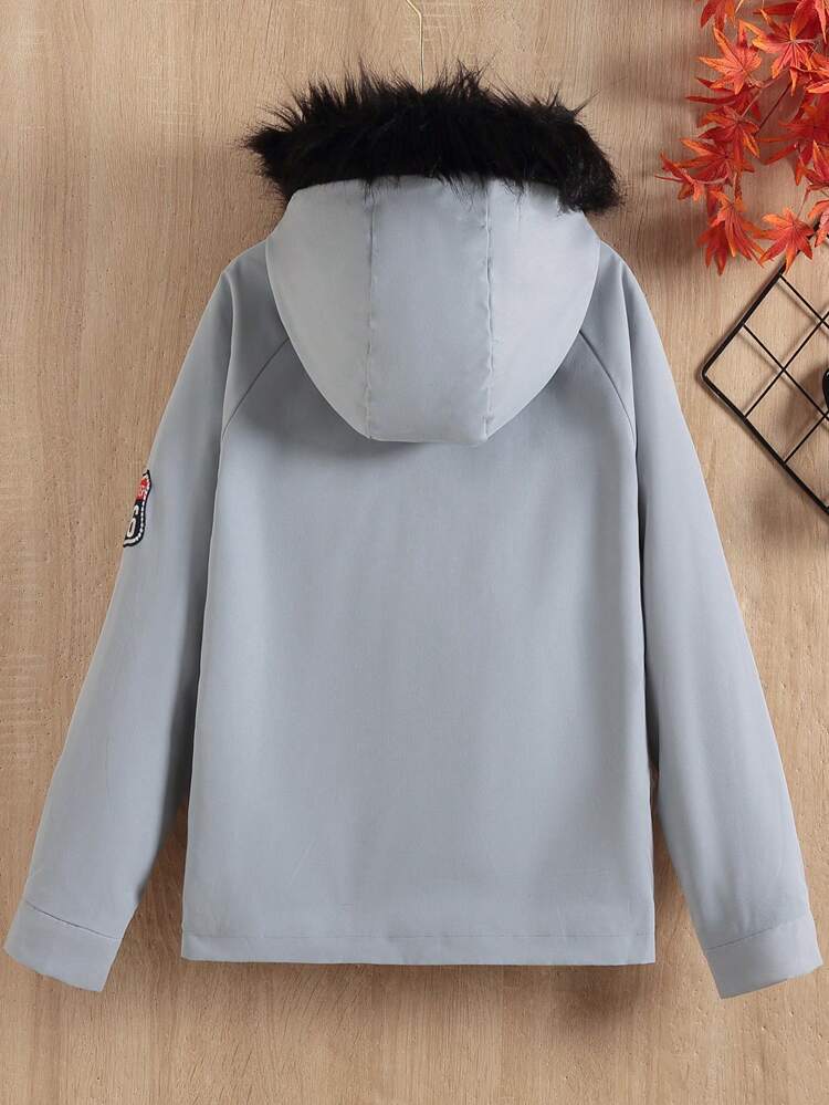 Tween Boy 1pc Letter Patch Detail Fuzzy Trim Hooded Coat