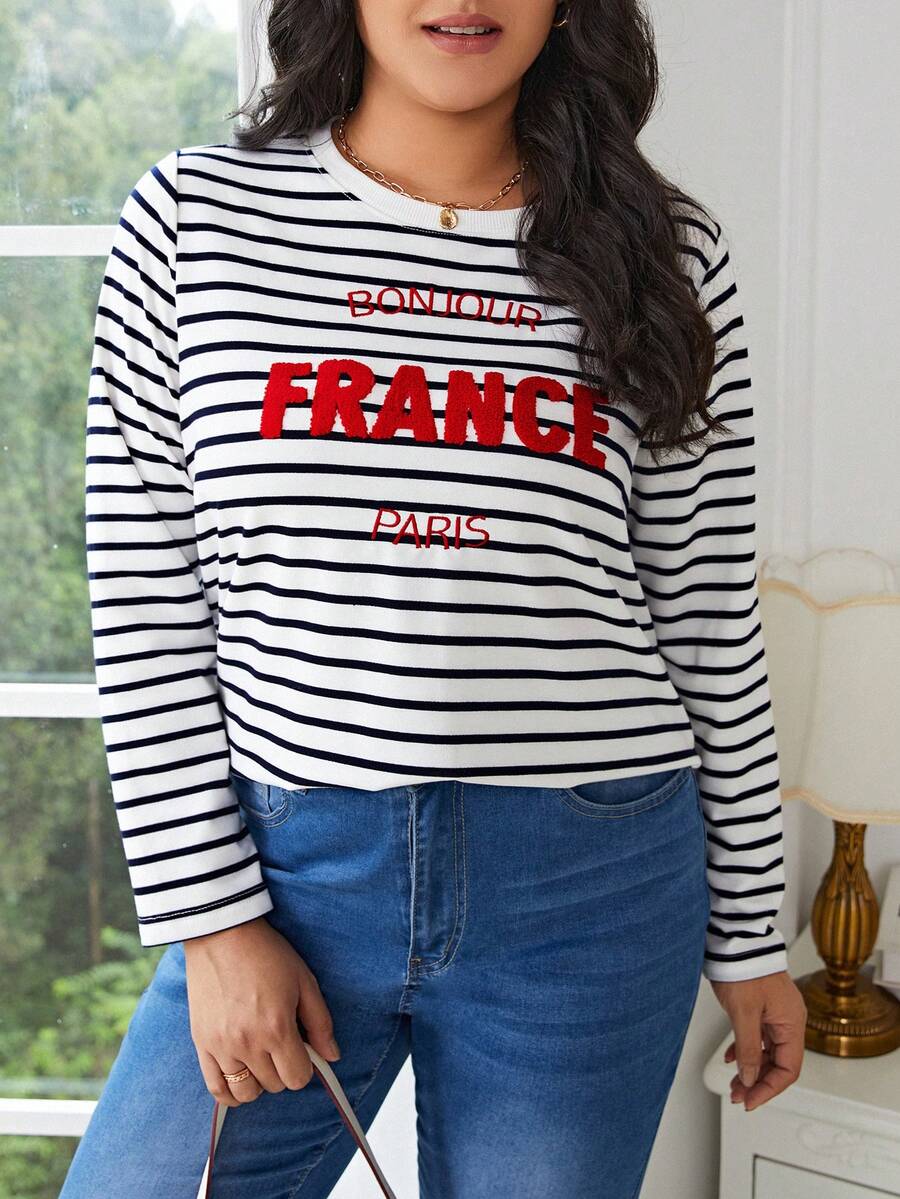 SHEIN Frenchy 大碼條紋印花字母刺繡T恤 - 彩色 - 查看 1