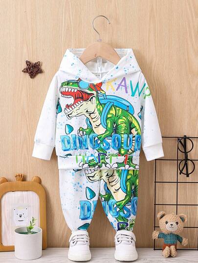 Conjunto De Calças E Moletom Com Estampa De Dinossauro E Letras Para Bebês Meninos