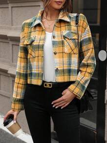 SHEIN LUNE Plaid Print Drop Shoulder Flap Pocket Jacket Fall Cloth For Women - Multicolor - View 1