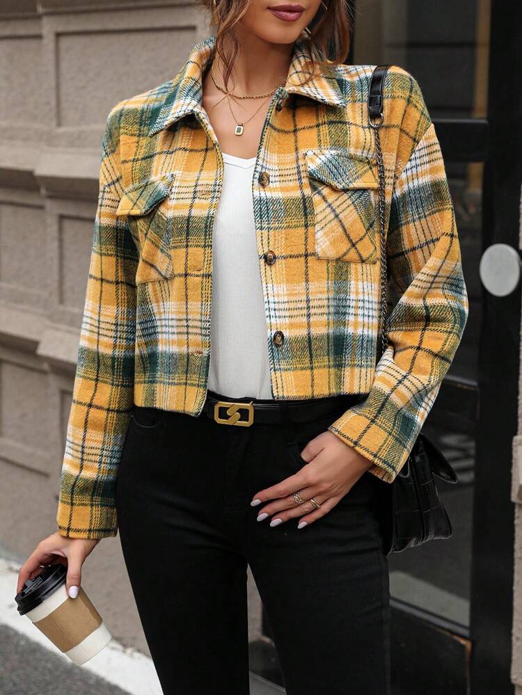 Plaid Print Drop Shoulder Flap Pocket Jacket Fall Cloth For Women