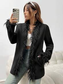 SHEIN EZwear Women's Trimmed Black Overcoat - Black - View 4