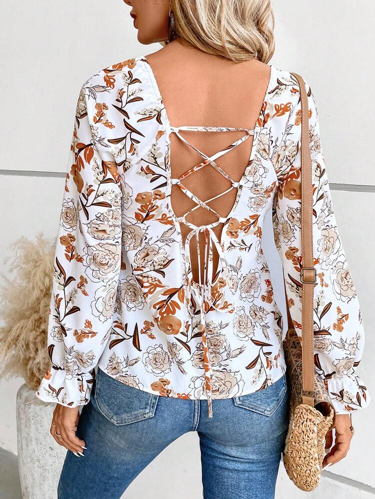 Floral Print Sweetheart Neck Flare Sleeve Knot Front Blouse