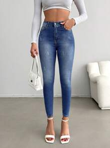 RueChic High Waist Ripped Skinny Jeans - Medium Wash - View 1