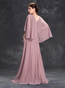 V 领喇叭袖亮片刺绣花朵派对长款伴娘礼服 - 紅木色 - 查看 2