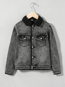 SHEIN Cậu bé Tween Túi có nắp Lót Teddy Áo khoác denim Without Tee - màu đen - Xem 3