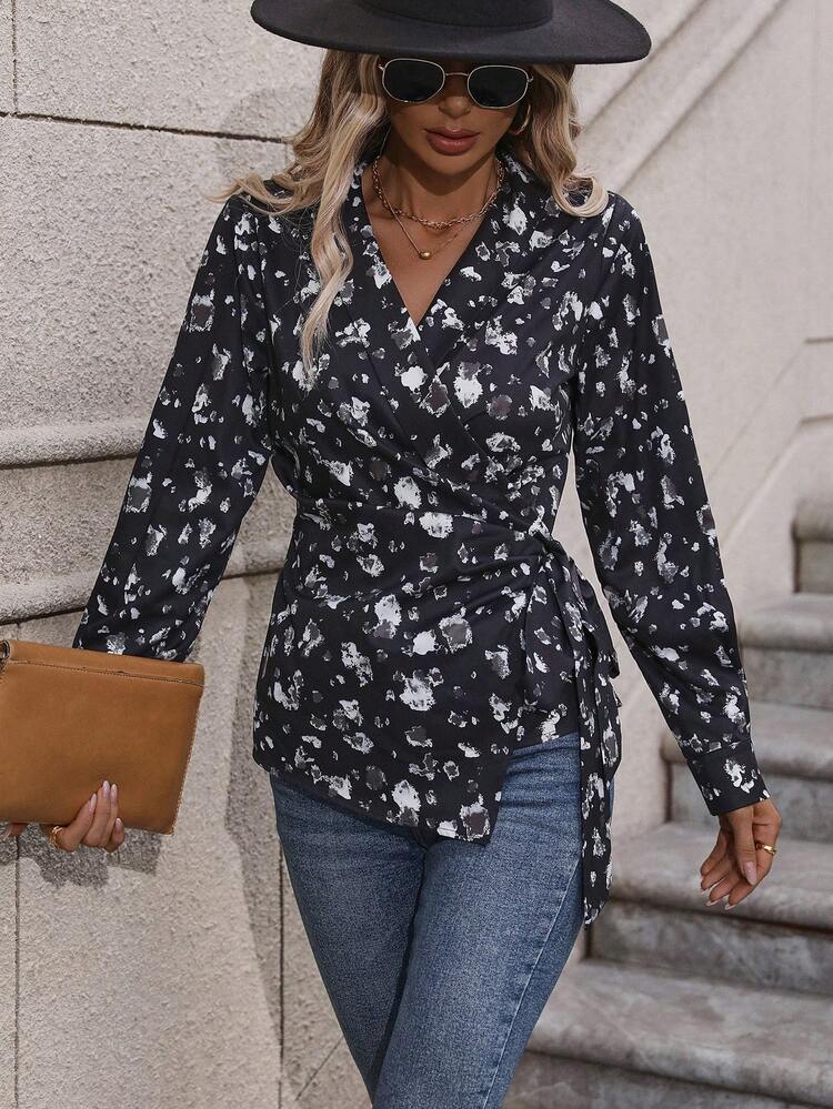 Women's Wrap-Around Printed Tie Waist Shirt Fall Cloth For Women