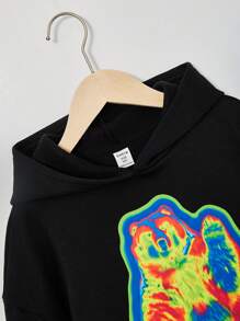 SHEIN Tween Girl Bear Print Drop Shoulder Sweatshirt - Black - View 4