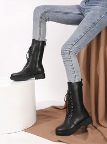 Black color Front Lace-up Combat Boots - Black - View 5