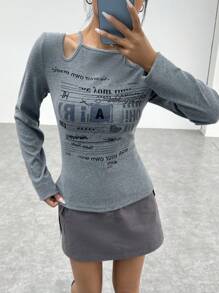 SHEIN EZwear Đồ họa Khẩu hiệu Cắt ra Áo thun - Xám - Xem 5