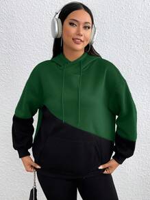 SHEIN EZwear Áo nỉ hai tông màu cỡ lớn, vai rớt, có dây rút - Màu xanh lá cây đậm - Xem 5