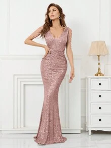 网眼镶饰美人鱼下摆亮片舞会礼服优雅正式晚间婚礼宾客礼服，适合毕业典礼、晚宴派对礼服 - 藕粉色 - 查看 3