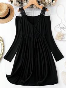 SHEIN LUNE 大碼挖肩蕾絲花邊洋裝 - 黑色 - 查看 1