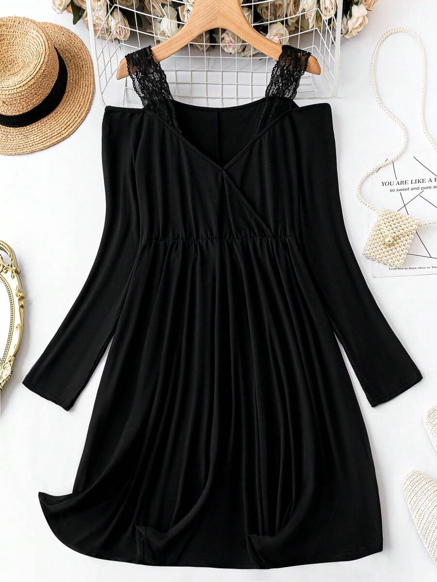SHEIN LUNE 大碼挖肩蕾絲花邊洋裝 - 黑色 - 查看 1