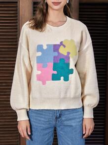 SHEIN EZwear 拼圖圖案落肩袖套頭毛衣 - 米色 - 查看 4