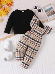Bebé niña con estampado de cuadros ribete con fruncido Mono & Camiseta