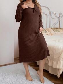 加大码 生菜边饰 前部结饰 罗纹针织 睡衣 睡裙 长裙 - 棕色 - 查看 1