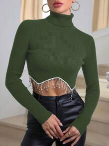 Zolique Rhinestone Fringe Hem Turtle Neck Crop Knit Pullover Fall Winter Sweater - Army Green - View 3