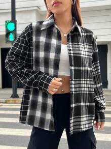 SHEIN EZwear Plaid Print Drop Shoulder Shirt - Black and White - View 1