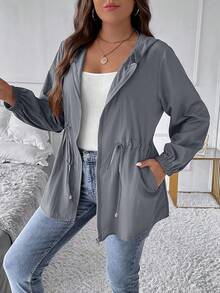 SHEIN LUNE Hơn Eo dây rút Dây kéo Áo trùm đầu - Xám - Xem 3