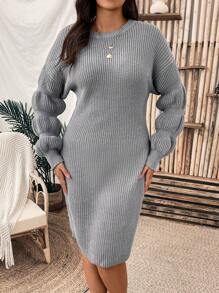 SHEIN LUNE Plus Drop Shoulder Ribbed Knit Sweater Dress Without Belt - Grey - View 4