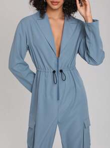 Jingwen Lapel Collar Drawstring Waist Flap Pocket Side Shirt Jumpsuit - Blue - View 5