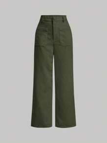 SHEIN MOD Solid Corduroy Straight Leg Pants - Army Green - View 1