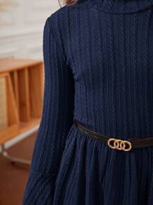 SHEIN Leap Crew Girls Textured Knit Stand Collar Flare Sleeve A-Line Vacation Dress - Navy Blue - View 4