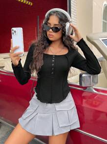 SHEIN EZwear Scoop Cổ Nút Nửa Mặt trước Áo thun - màu đen - Xem 6