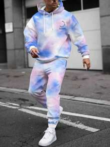 男士紮染和標語圖案保暖抽繩連帽衫和運動褲 - 藍色 - 查看 1