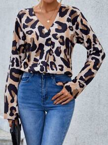 SHEIN LUNE Leopard Print Roll Tab Sleeve Blouse - Multicolor - View 4