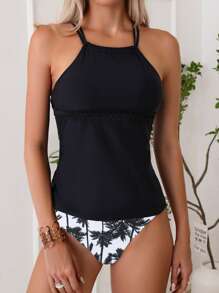 SHEIN Swim Summer Beach Coconut Tree Print Halter Tankini - Black and White - View 1