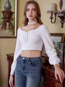 SHEIN Unity Solid Drawstring Front Raglan Sleeve Crop Knit Pullover Fall Winter Sweater - White - View 6