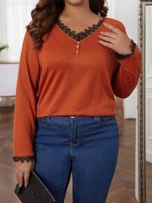 EMERY ROSE 大碼拼接水溶蕾絲邊緣T恤 - 亮橙色 - 查看 4