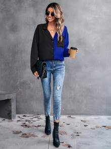 SHEIN LUNE 休閒口袋 前紐扣撞色女士襯衫 - 藍色 - 查看 4