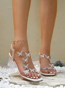 Modische Frauen Sandaletten mit Schmetterling Strass- und Kristalldekor, Plateau-Absatz und quadratischer Zehenpartie, Knöchelriemen, elegante und wunderschöne High-Heel Schuhe für Sommer-Partys und Valentinstag