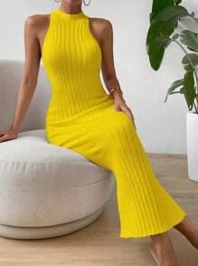 Chiquease Solid Ribbed Knit Sweater Dress - Yellow - View 1