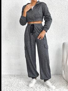 SHEIN Essnce Dây kéo Áo hoodie ngắn & Eo dây rút Quần thể thao - Xám - Xem 6