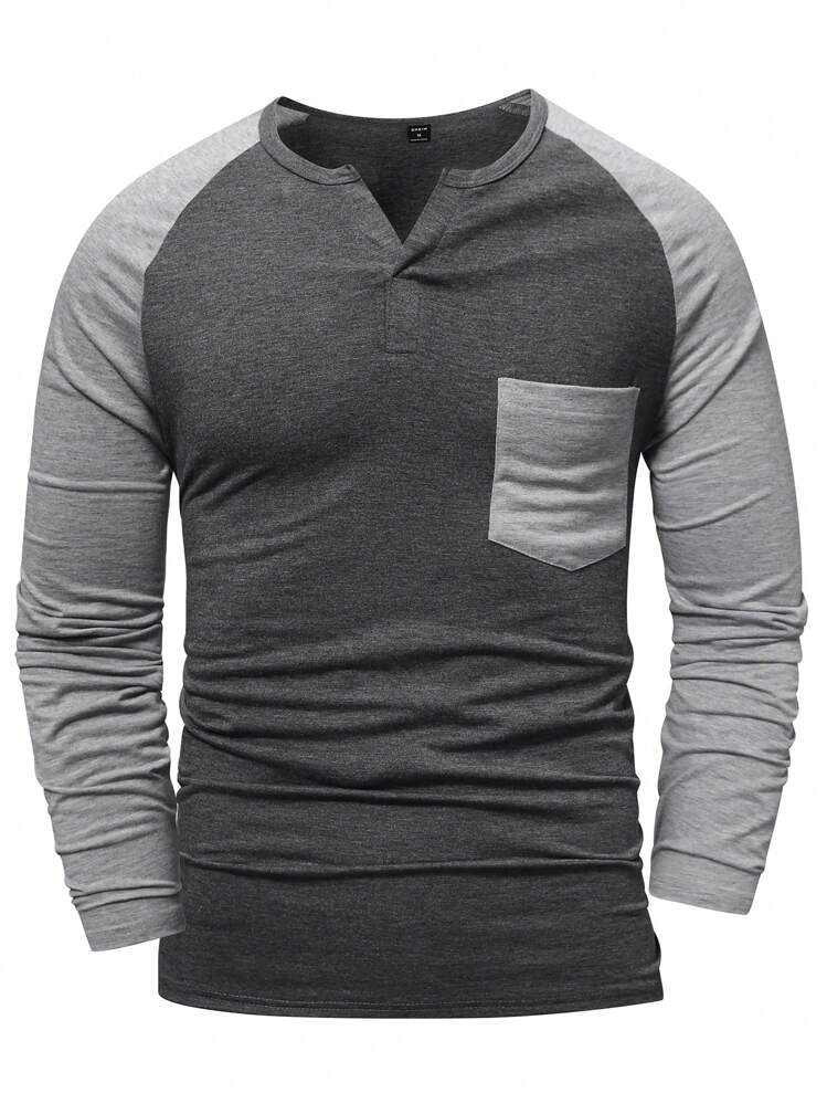 Manfinity Homme Hombres Camiseta de color combinado de manga raglán con parche de bolsillo - Gris Oscuro - Ver 6