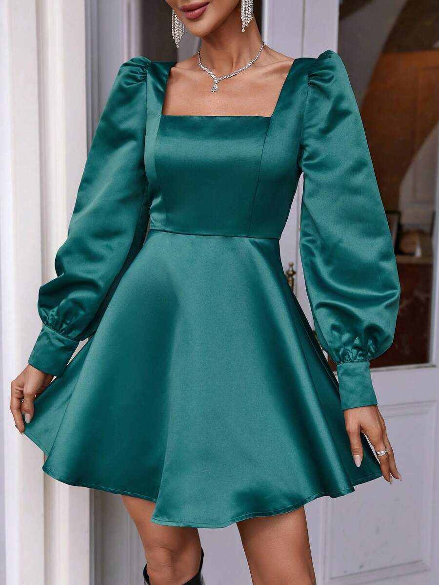 SHEIN Privé Square Neck Lantern Sleeve Dress - Green - View 1
