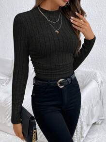 SHEIN Frenchy 高領肋花針織側邊捲縮黑色麻花紋潺潺TEE - 黑色 - 查看 5