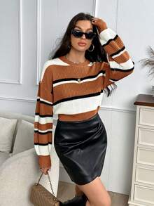 SHEIN Essnce 條紋圖案落肩袖套頭毛衣 - 駝色 - 查看 4