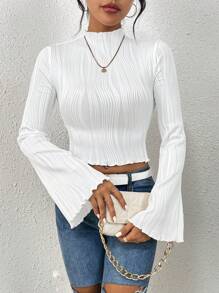 SHEIN Privé Ren Mộc nhĩ Tay áo kèn  Cổ giả Áo thun - trắng - Xem 3