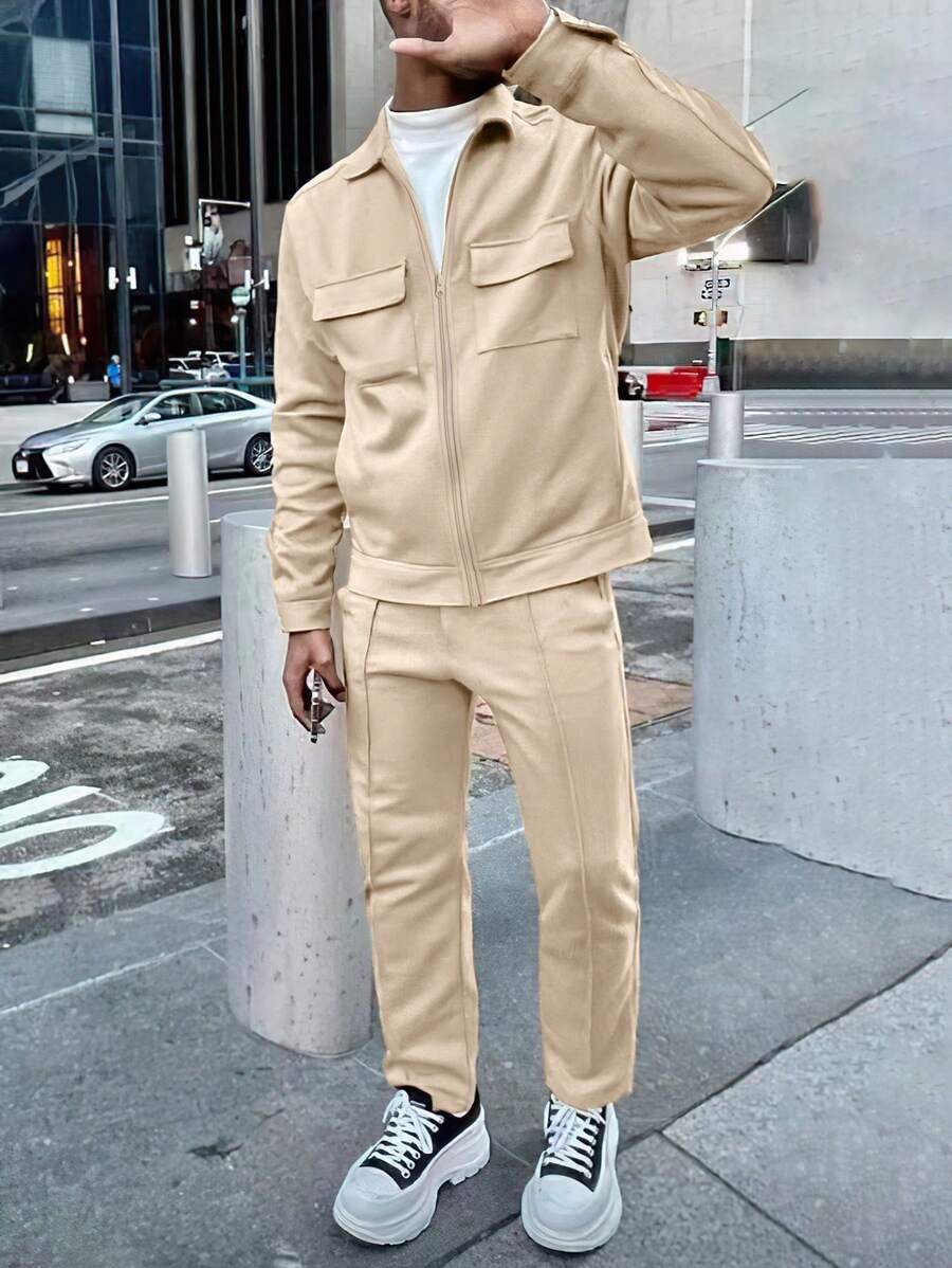 Manfinity Homme Nam Tay áo dài Dây kéo mặt trước Áo khoác Và Quần Bộ - Màu be - Xem 1